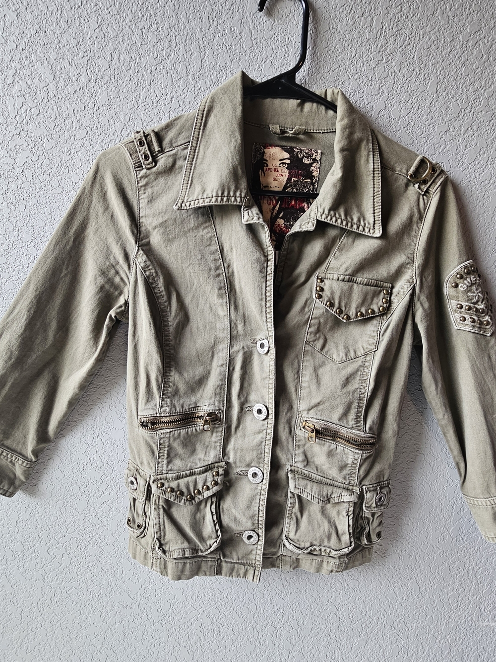 Guess Olive Green Utility Jacket with Stud Accents